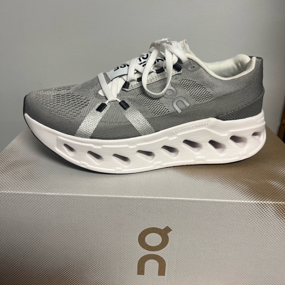 On Running Charcoal and White Athletic Shoes